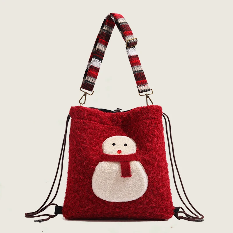 Christmas Cartoon Snowman Woolen Crossbody Bag Autumn/Winter Girl Patchwork Atmosphere Handbag Cute Take Pictures Backpack Trend