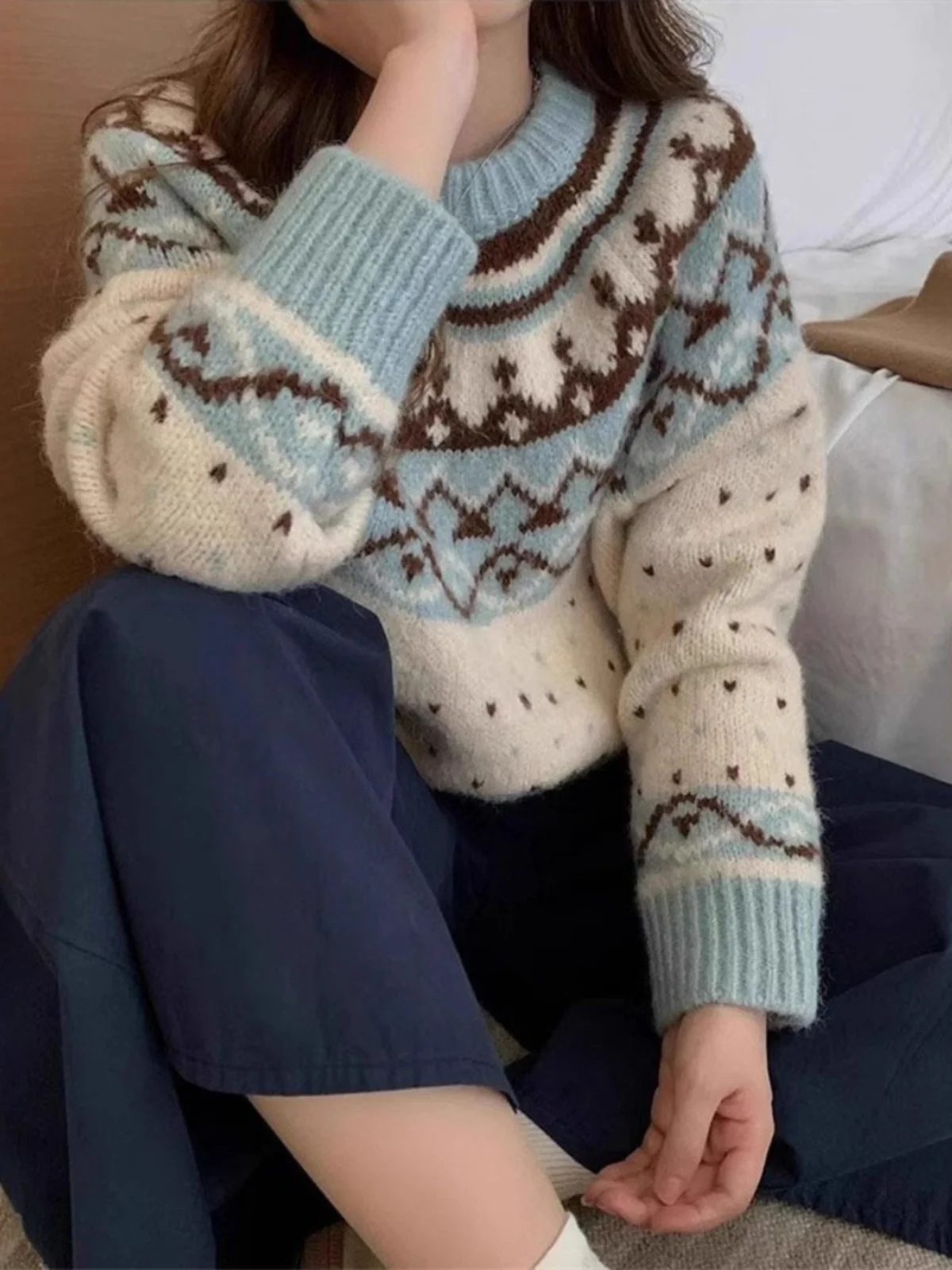 

Retro Japanese Sle Women's Knitted Sweater Thiened Loose Spring Autumn Crew Ne Sweet Sle Inner Wear Top