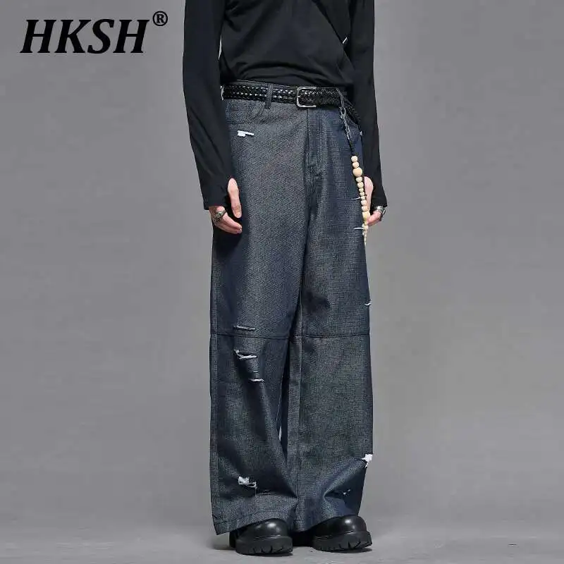 

HKSH Autumn New Men's Tide High Quality Niche Retro Washed Hole Denim Blazer Dark Punk Streetwear Jacket Chic Suit Pants HK3218