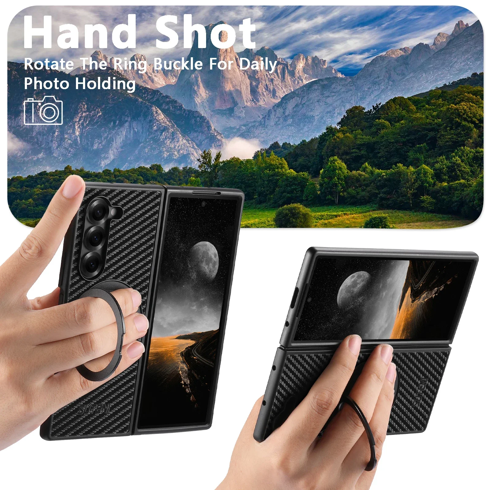 360 °   삼성 갤럭시 Z 폴드 7 6 5 비즈니스 마그네틱 무선 충전 카본 파이버 보호 커버 회전 링 스탠드 폰 케이스