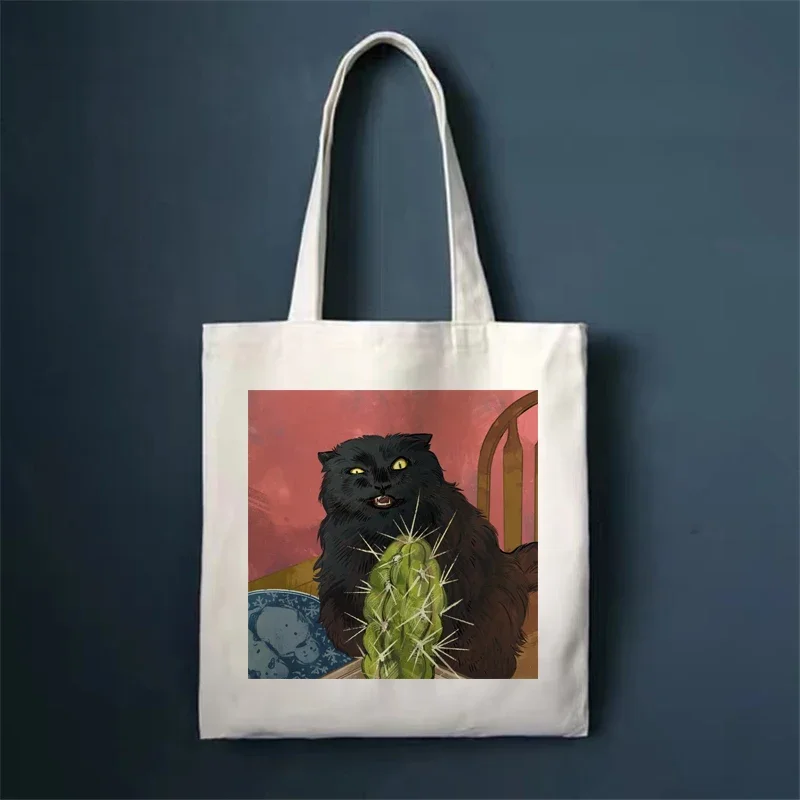 Canvas Shopper Bags Cartoon Funny Cat One Direction Shopping Bag Tote Bag Shoulder Bag Large Capacity Casual Handbag