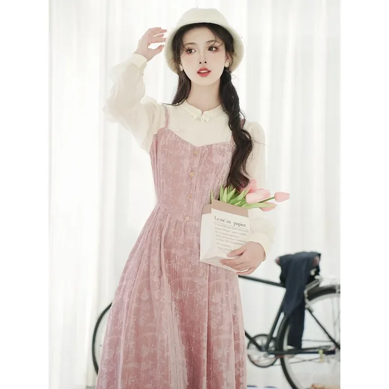 Vestidos de otoño para mujer, vestido Qipao tradicional chino con cuello levantado, Cheongsam rosa de manga larga, vestidos de noche elegantes