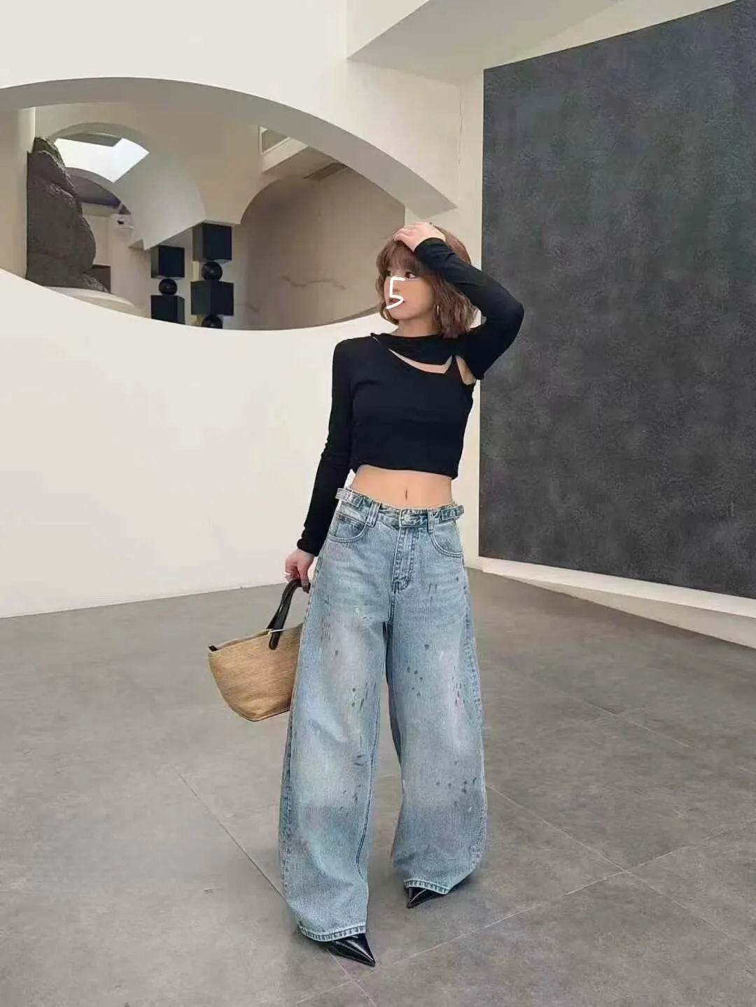 Y2K Hand Drawn Graffiti Wide Leg Jeans Vintage Water Blue Loose Early Spring Women American Trendy Design