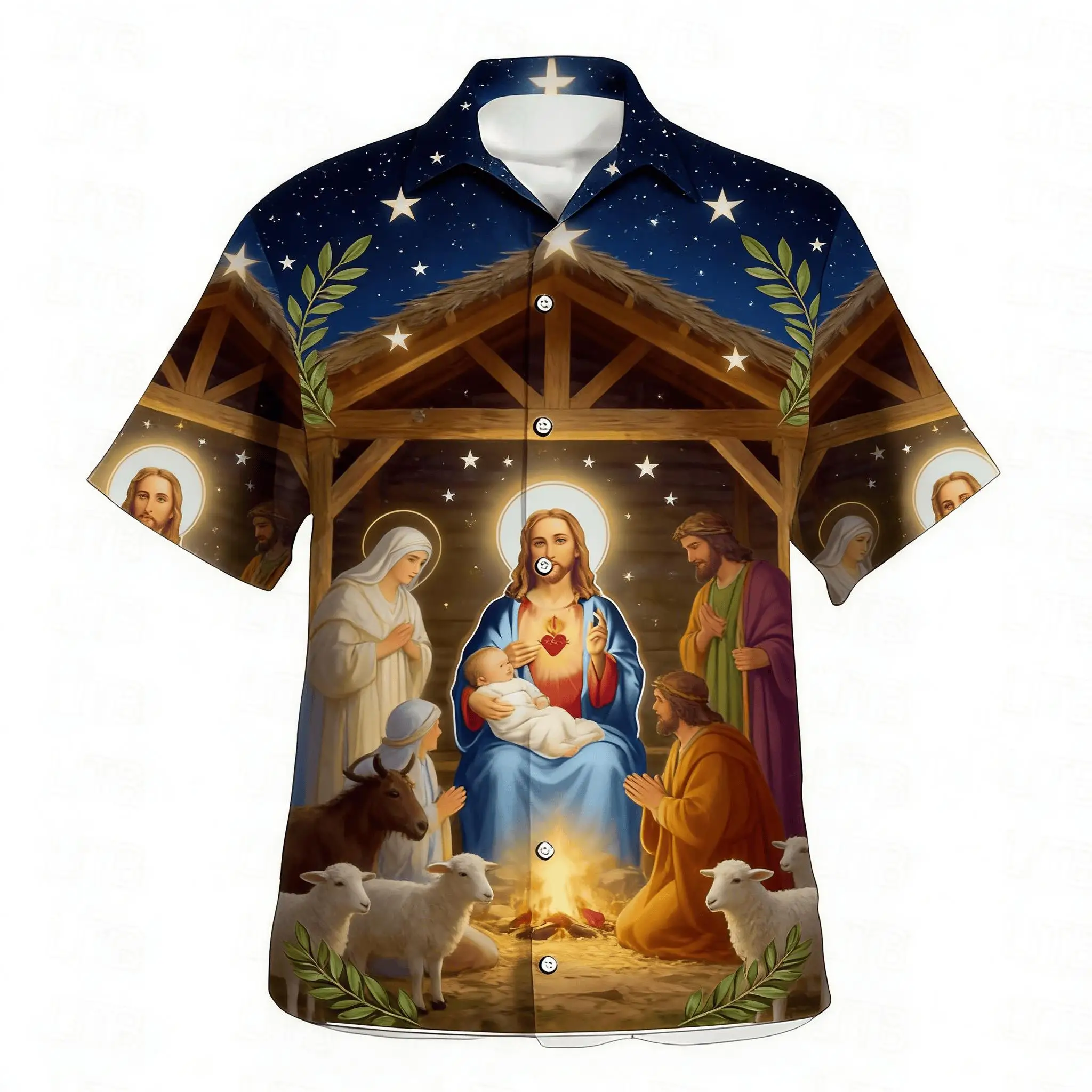 

Men's Nativity Scene Print Short Sleeve Shirt, Holy Family with Jesus Birth Design Button Down for Spring Summer