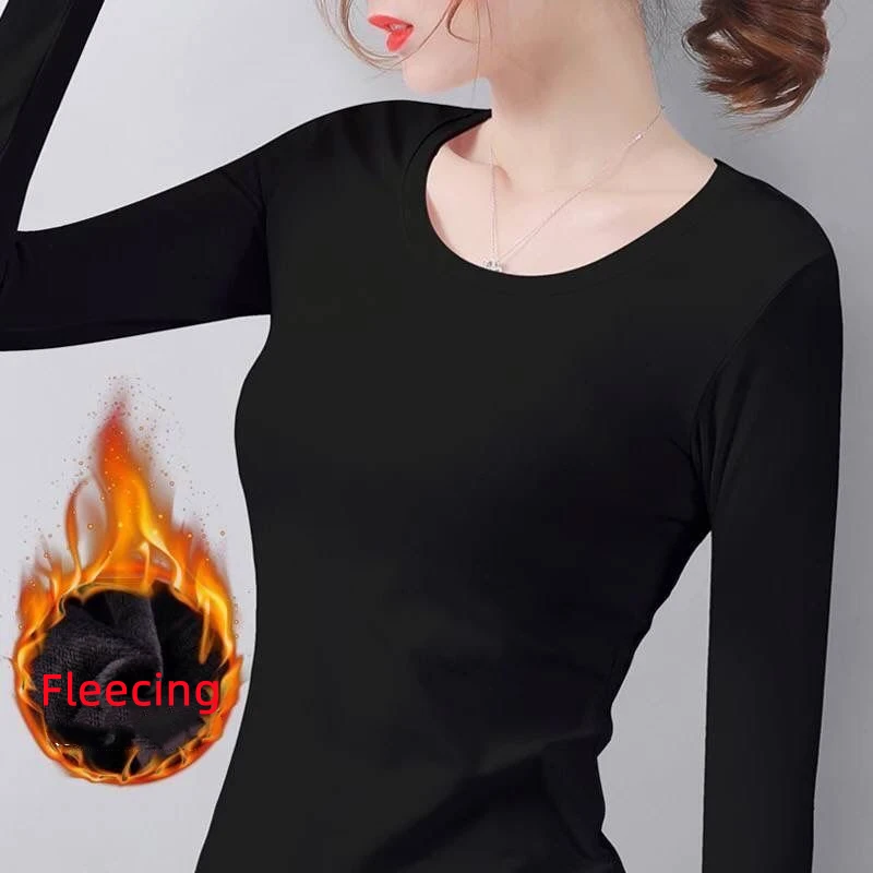 Ropa interior térmica para mujer, camisa de fondo, camiseta básica ajustada de manga larga de invierno, Tops recortados de fibra calefactora de terciopelo fino