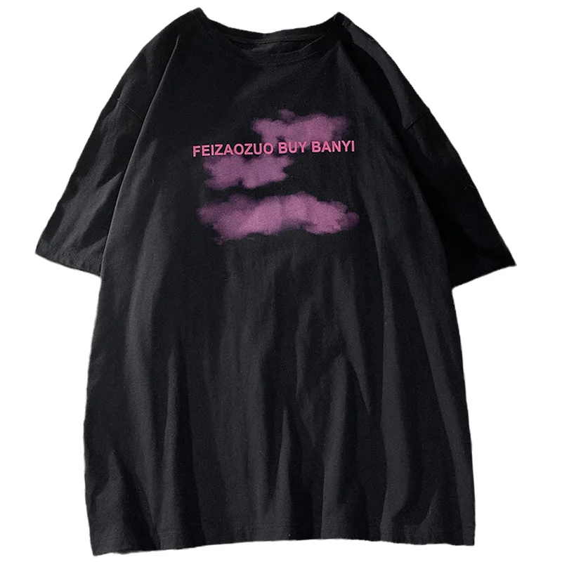 ブラック アメリカン ストリート スタイル レディース Tシャツ ルーズ 夏 五分袖 トップス ファッショナブルな多用途 カップルの着用 コットン ラウンドネック プリント