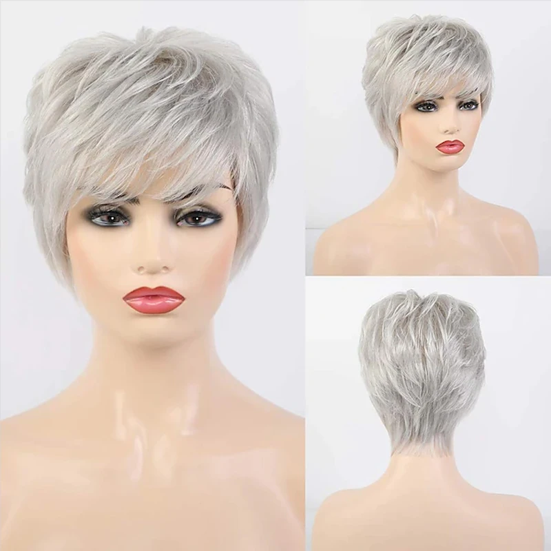 HAIRJOY Short Grey Wigs for White Women Mixed Gray Silver Curly  Wigs with Bangs Grandma Synthetic Short Hair Wigs