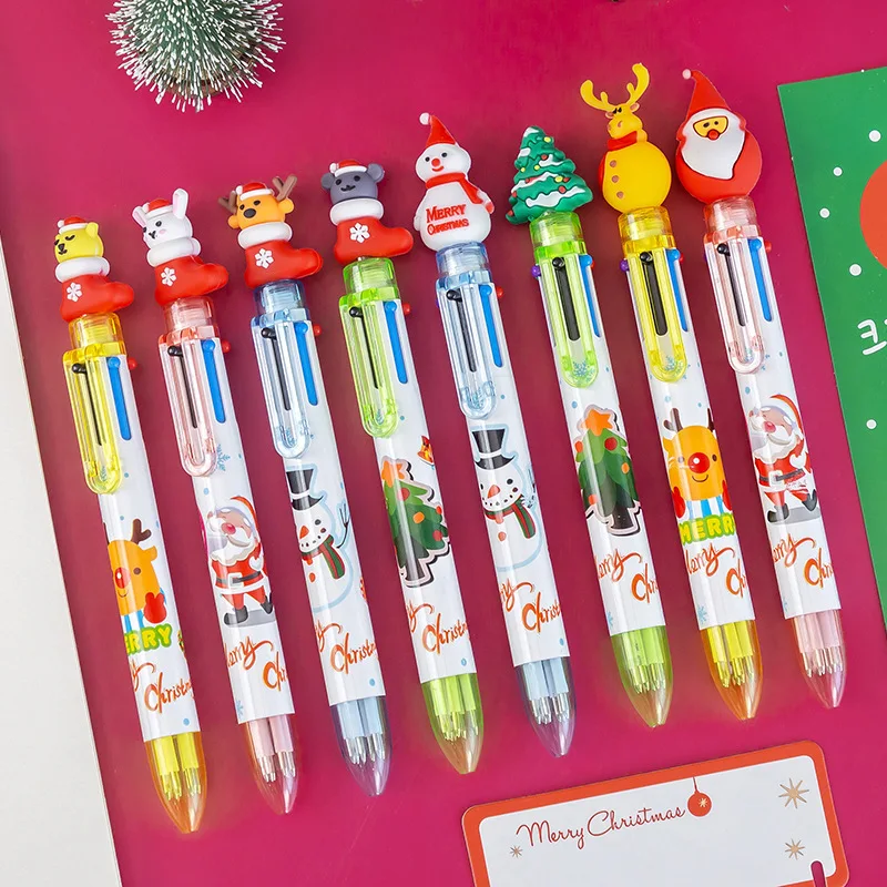 Stylo à bille rétractable multicolore Kawaii, père Noël mignon, wapiti, cadeaux de Noël, école, journal, papeterie, Noël, 6 couleurs, 10 pièces, lot