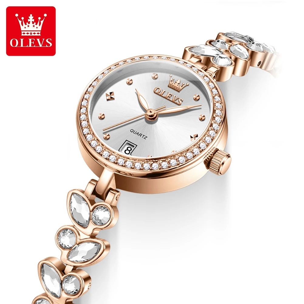 OLEVS Women's Watches Luxury Elegant Rose gold Original Quartz Wristwatch for Lady Bracelet and Necklace Set Gift Box Waterproof