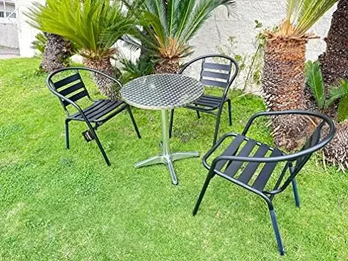 Indoor Outdoor Restaurant Stainless Steel Aluminum Metal Slat Stack Commercial Lightweight, 3 Chairs with a 27.5