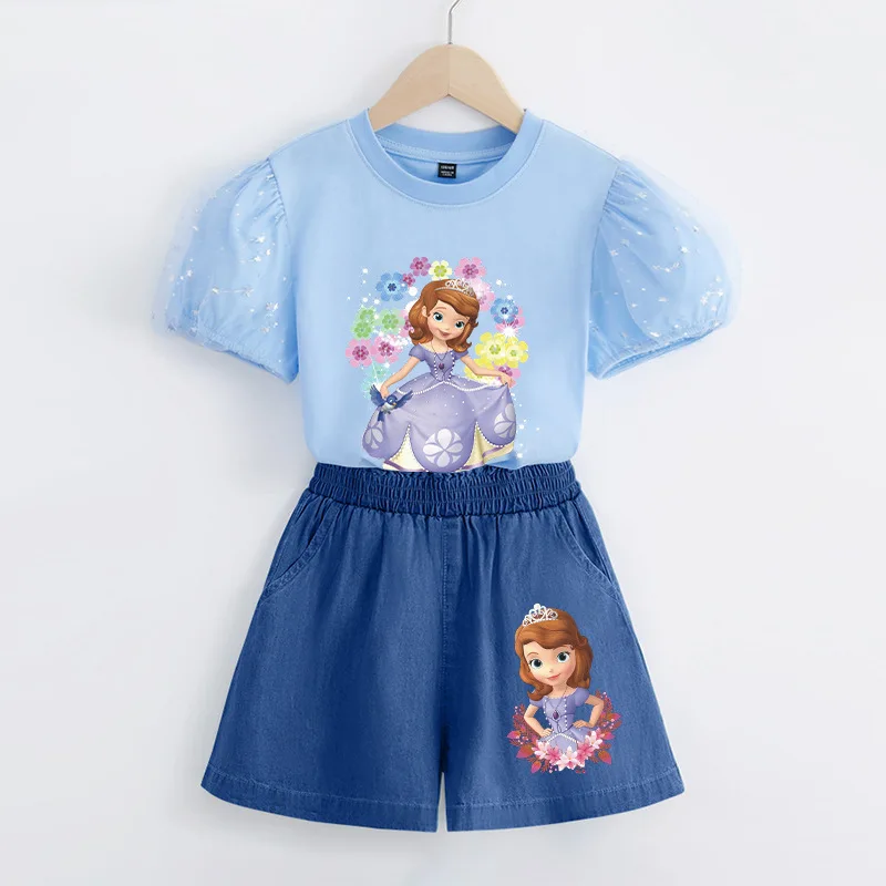 Sofia Girls' New Two Piece Summer Thin Cotton Short Sleeved T-Shirt Cowboy Shorts Girl Cartoon Set