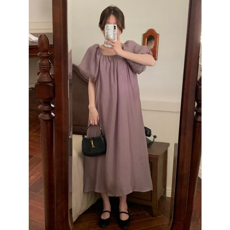 

WAKUTA Fashion One Shoulder Bubble Sleeves Purple Dress Women's Style Lace Up Slim Fit Print Vestidos De Noche Juveniles Summer