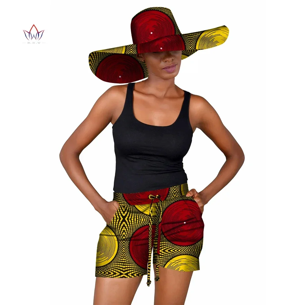 African Women Print Shorts Pant with Big Summer Hat Cap Threading Ropes Short Pants Trousers with Pocket Customized WY5242