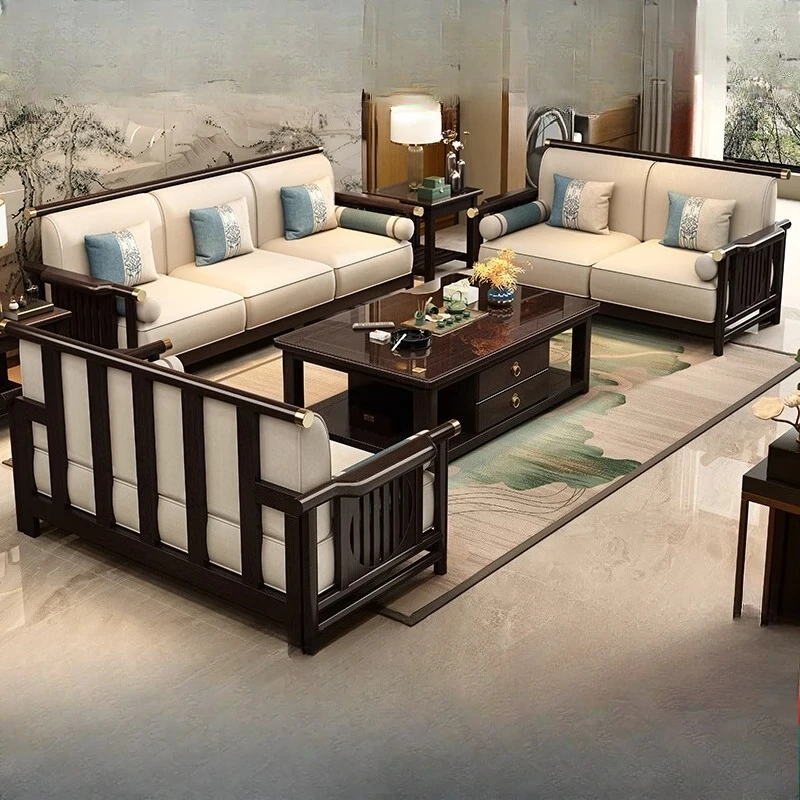 

New Chinese solid wood sofa simple modern zen living room furniture princess corner 123 combination storage sofa