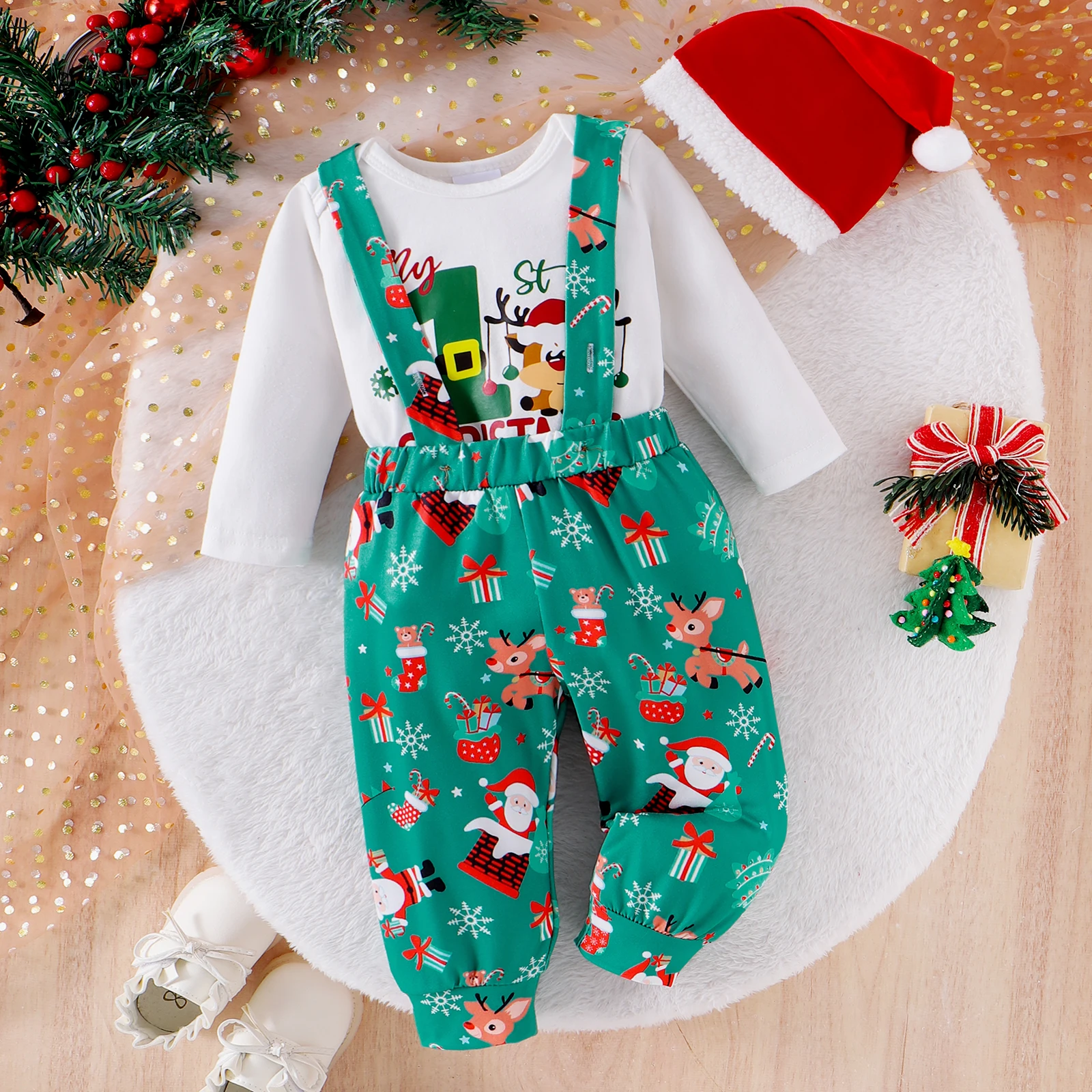 3PCS Autumn New Style Comfortable Casual Printed Long-Sleeved Jacket + Bib Pants For Boys And Babies Aged 0-1. Christmas Set