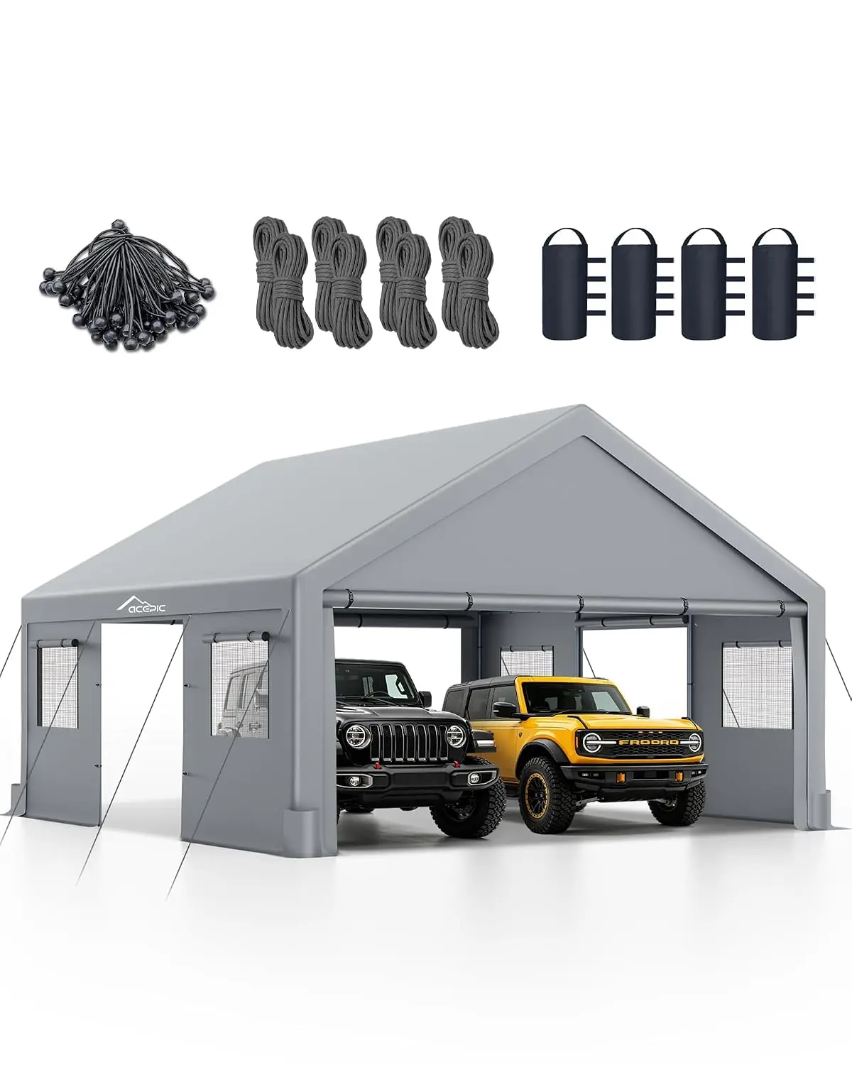 2 Car Carport Shelter – Features Roll-up Windows & Doors, Portable Garage with UV Resistant Waterproof All-Season Tarp