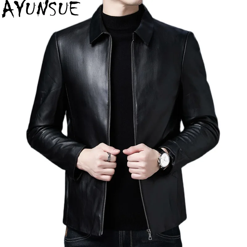 

AYUNSUE Top Layer Sheepskin Leather Jackets Man Casual Lapel Short Genuine Leather Jacket Men Zipper Black Real Leather Coat
