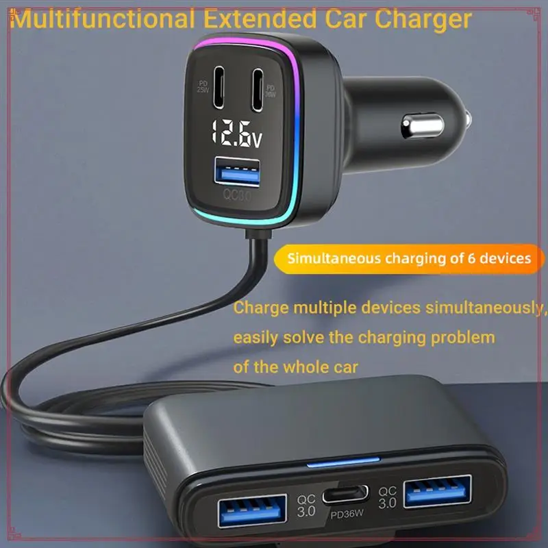 Voltage Display 6-Port Car Charger Adapter Multiport Phone Adapter PD+ QC3.0 USB+ Type C