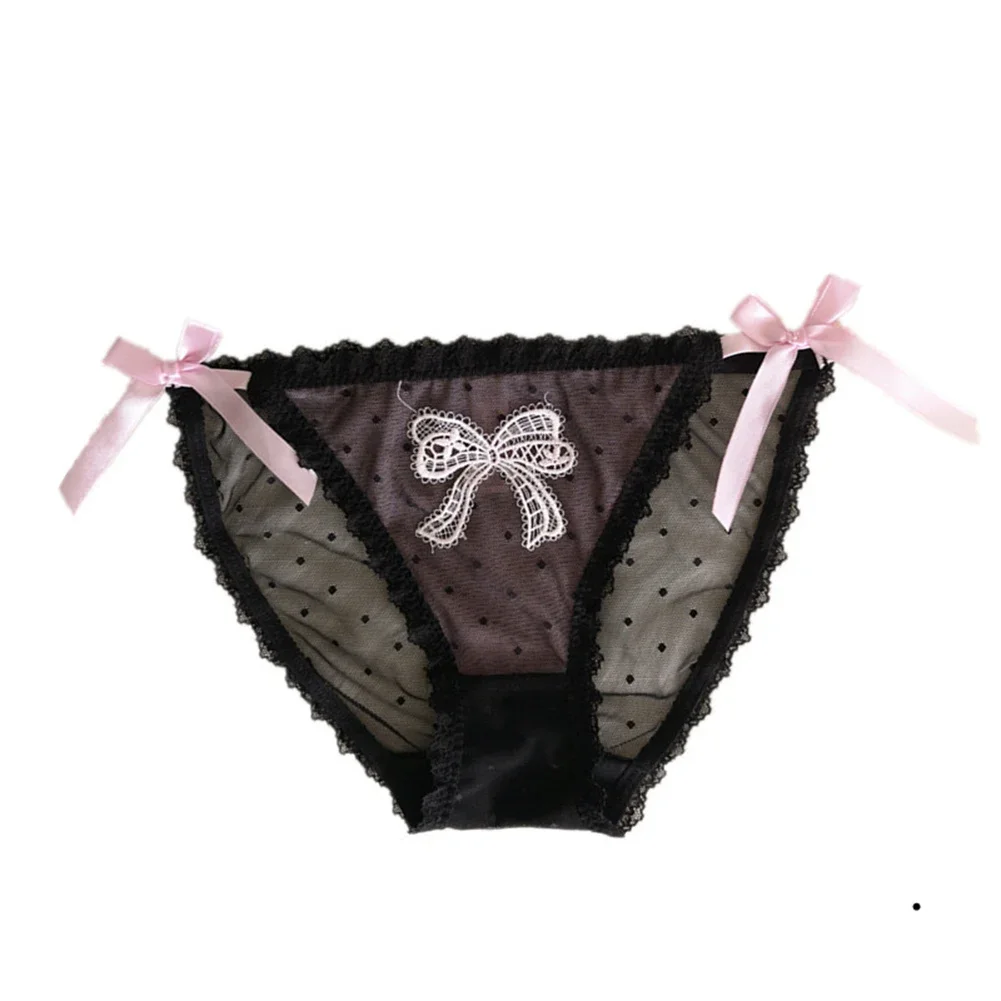 

Women Panties Bow Embroidered Lace Thong Briefs Sheer Gauze Translucent Underpants Breathable Perspective Underwear Temptation