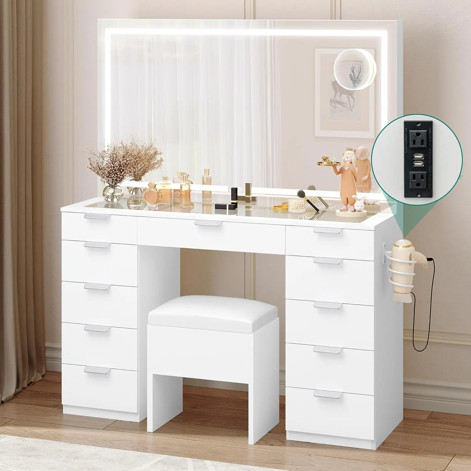 YITAHOME Vanity Desk Set with Large LED Lighted Mirror & Power Outlet, Glass Top Vanity with 11 Drawers and Magnifying Glass