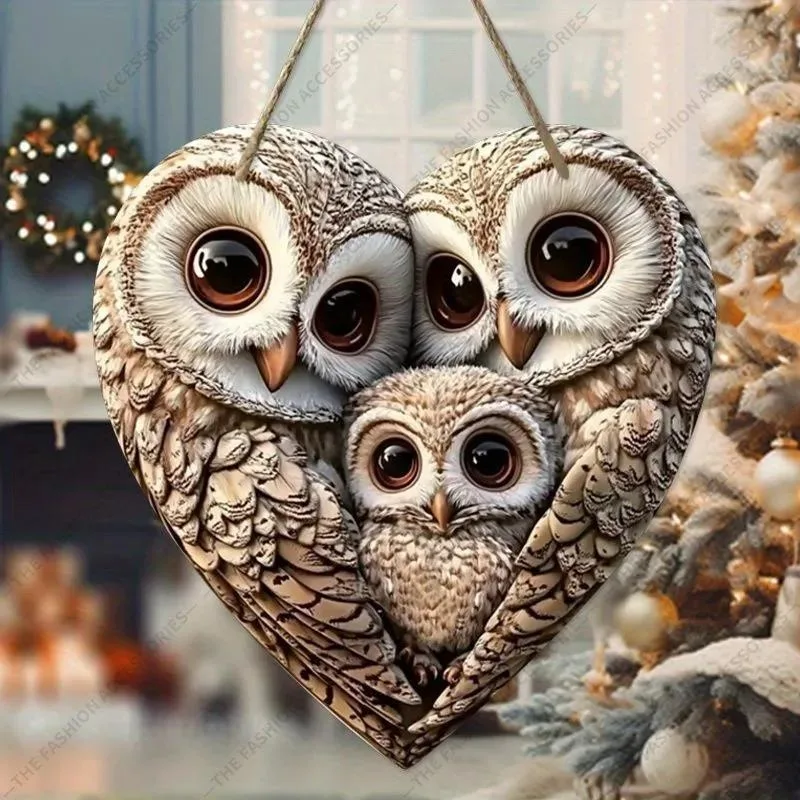 

Heart Shaped Three Owls Wooden Hanging Wall Decoration Pendant Home Decoration Door Number Hanging Decoration