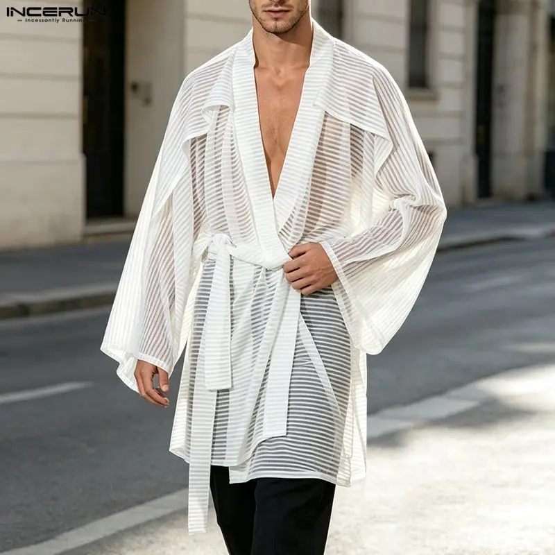 INCERUN Men Long Style Shirt Mesh See Through V Neck Long Sleeve Cardigan For Man Open Stitch Striped Lace Up Loose Men Clothes