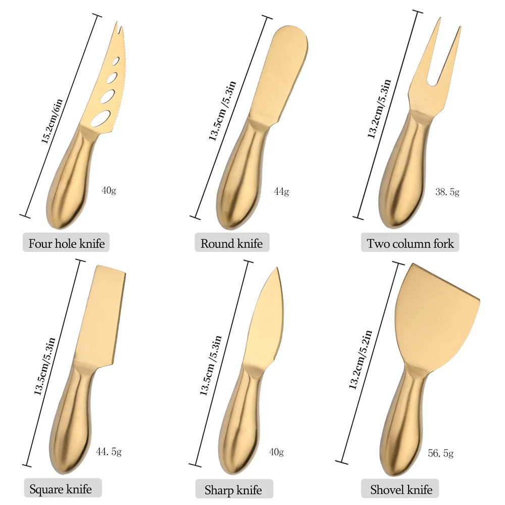 AJOYOUS Cheese Knife Set Cheese Stainless Steel 6Pcs Gold Cheese Slicer Cutter Handle Mini Knife Butter Knife Spatula Fork Matte