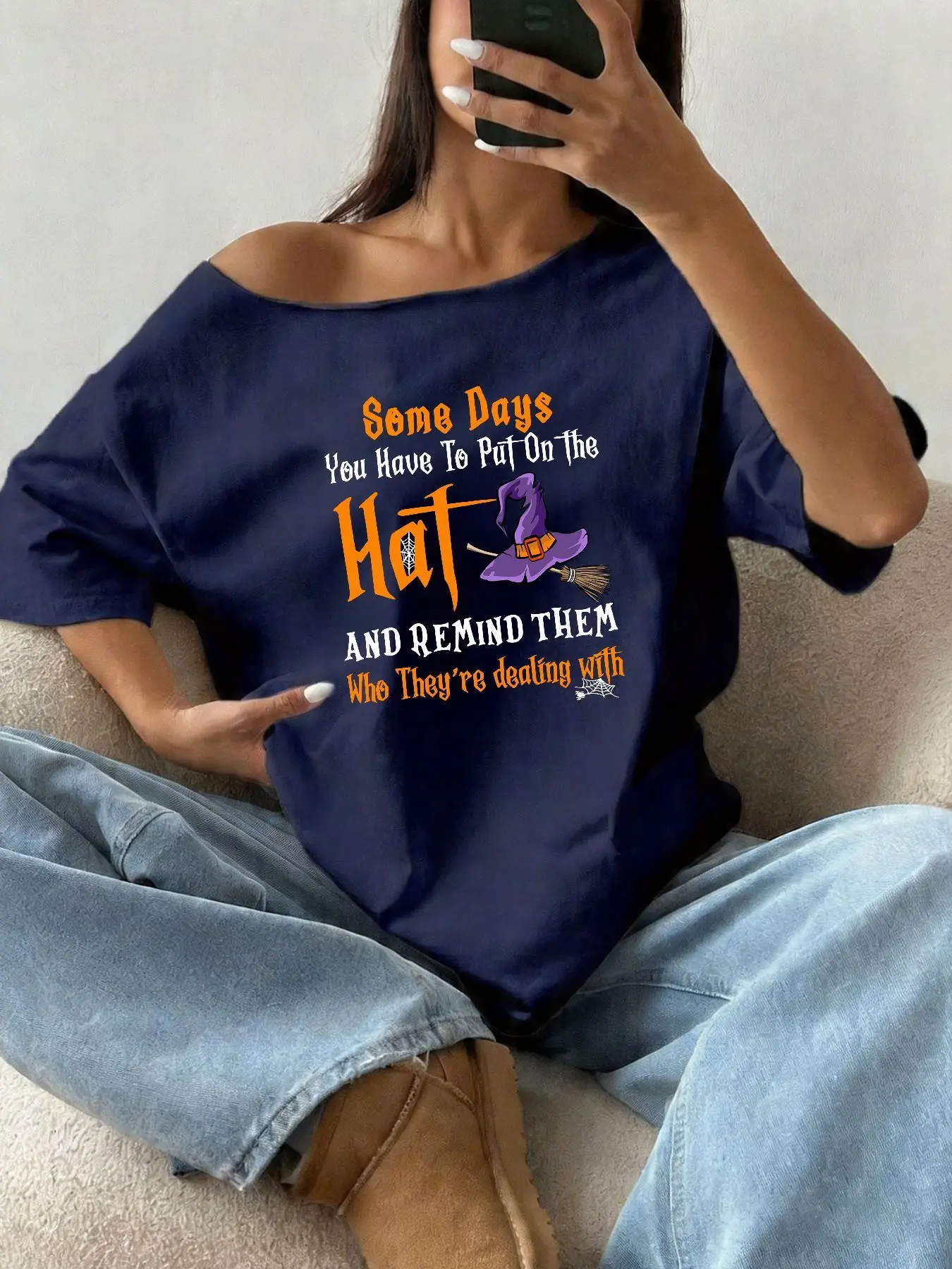 100% Cotton Plus Size Halloween Witch Hat Print Graphic Shoulder Loose Print T-Shirt Oversized Y2K Style Graphic Tees Women T view 4