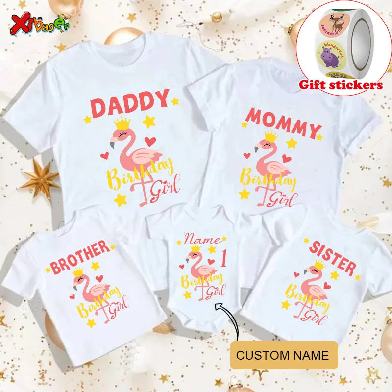 

Flamingo T Shirt Kids Birthday Personalized Name TShirts Family Matching Outfits Boy Girl T-shirt Give Away Children's Stickers