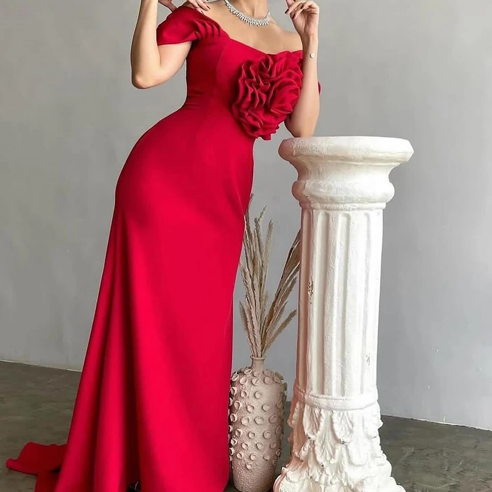 

Red Off the Shoulder Pleats Floor Length Short Sleeves Jersey Straight Evening Dress Fashion 3D Flowers Sweep Train Party Gowns