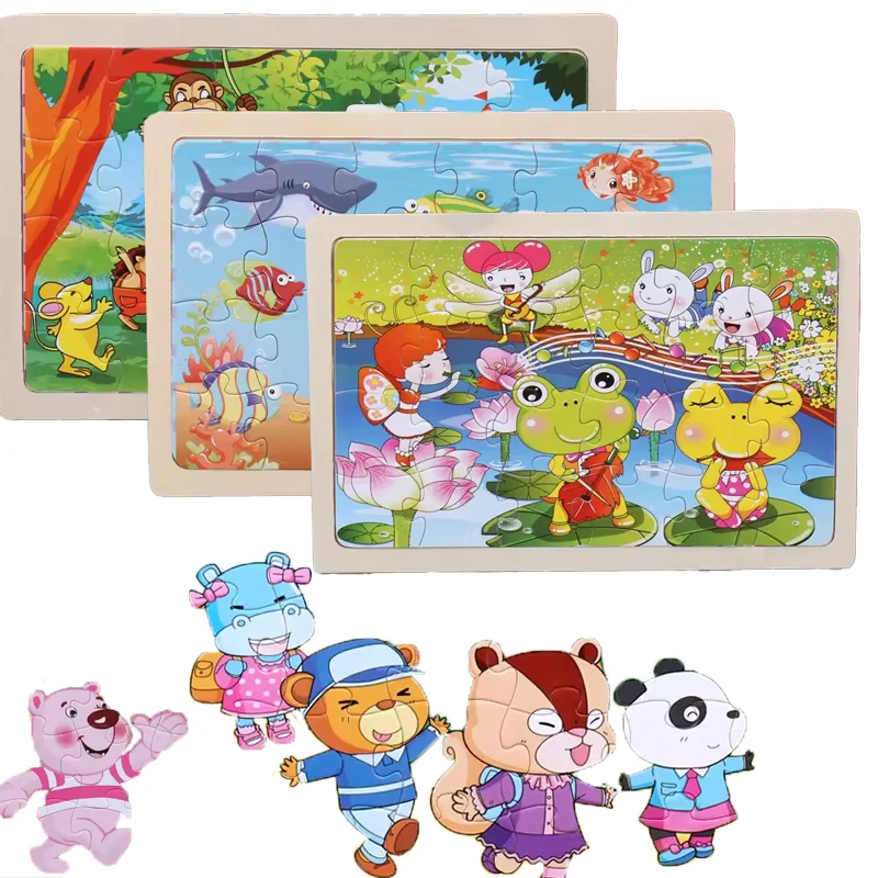 New 24 Pieces Wooden Puzzles Kids Cartoon Animal Wood Jigsaw Early Educational Learning Toys for Children 2 years GIFT