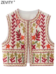 Zevity Women National Style O Neck Sleeveless Floral Embroidery Short Vest Jacket Ladies Retro Cardigan WaistCoat Tops CT333