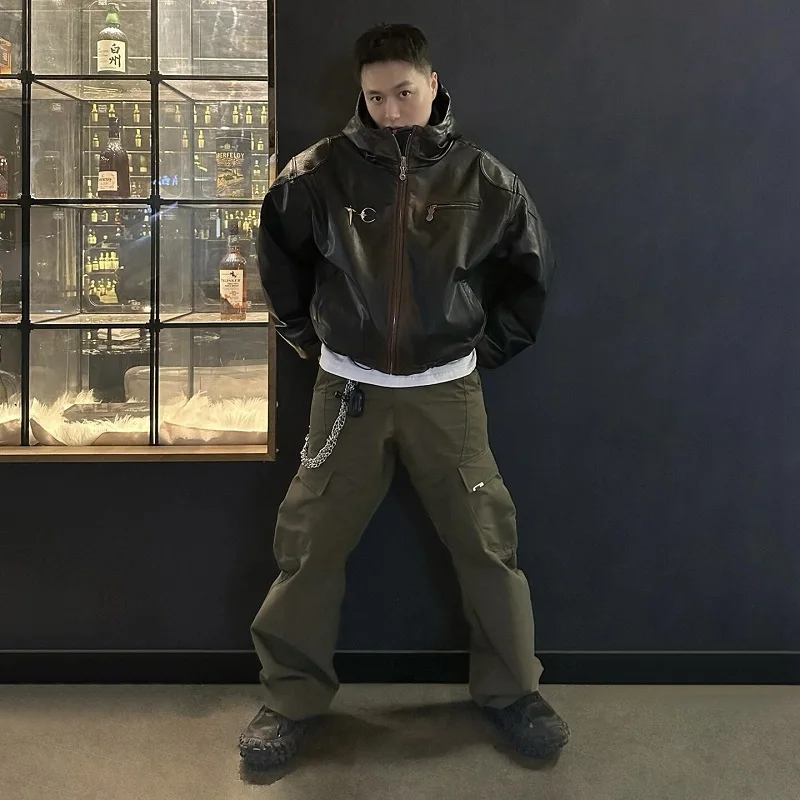 Thug Club 新作 ニッチ ストリートウェア ブランドデザイン - 厚手の暖かいPUレザー フード付きジャケット コットン裏地付き