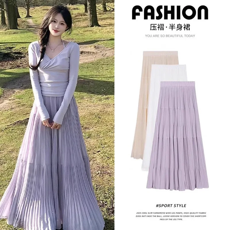

Purple Pleated Midi Skirt for Women Summer 2025 New High Waist Slimming Pleated A-line Skirt for Petite Women