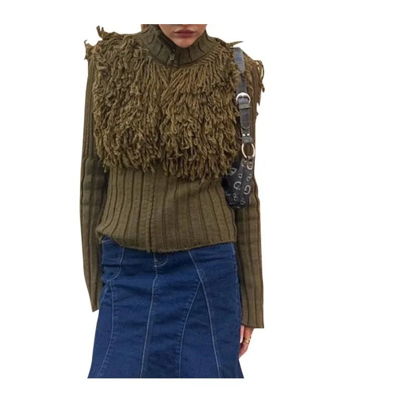 2025 New Autumn and Winter Sweater Knitwear Pullover with Tassels, Semi-High Collar, Long Sleeves