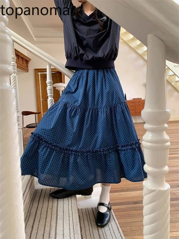 

Topanoma Skirts Women Polka Dot Ruffles Patchwork Vintage Stretch High Waist Loose Spring Fashion Elegant Female Skirt Casual