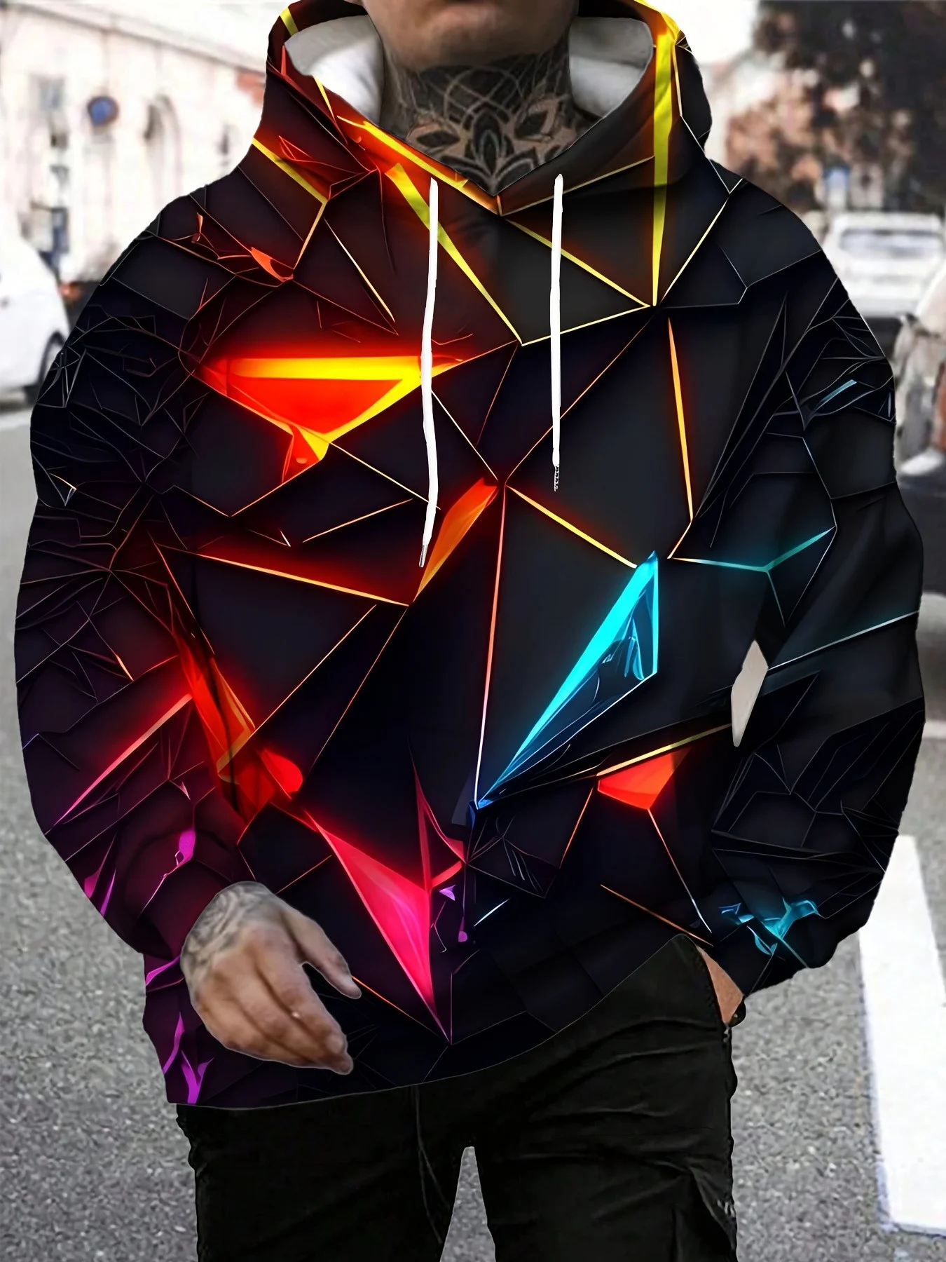 3D Full Print Tech Hoodie Men Black Neon Light Triangle Polygon Geometric Drawstring Loose Casual Hooded Sweat Top