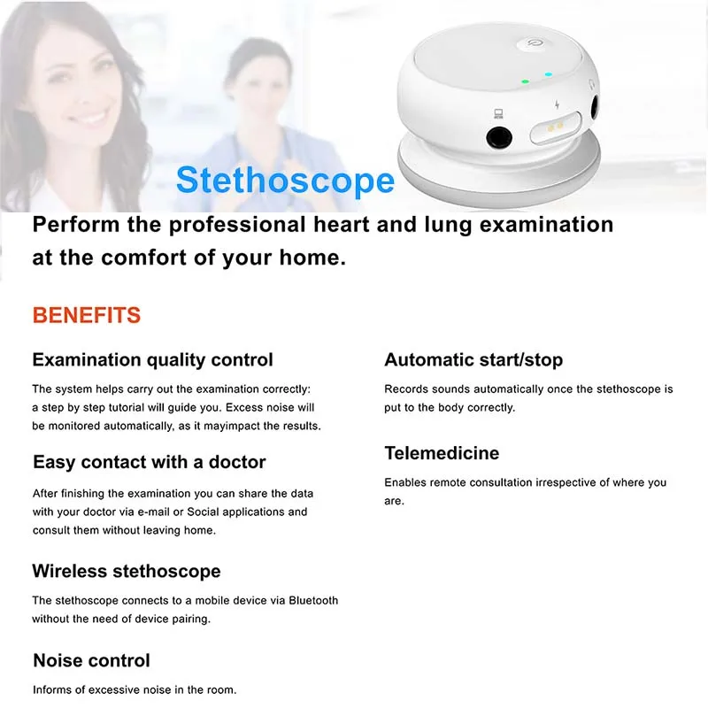 Digital Medical Bluetooth Stethoscope Listen to and Record Heart Rhythms and Lung Sounds Telemedicine APP Display Home Hospital