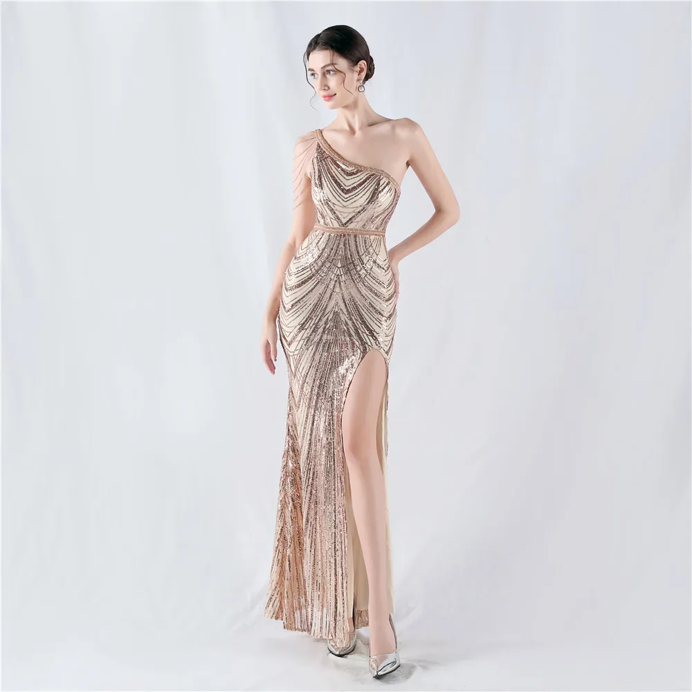 DEERVEADO 8 Colors Sexy Slit Evening Dress for Woman One Shoulder Luxury Sequins Wedding Party Dresses with Beads Formal Dress