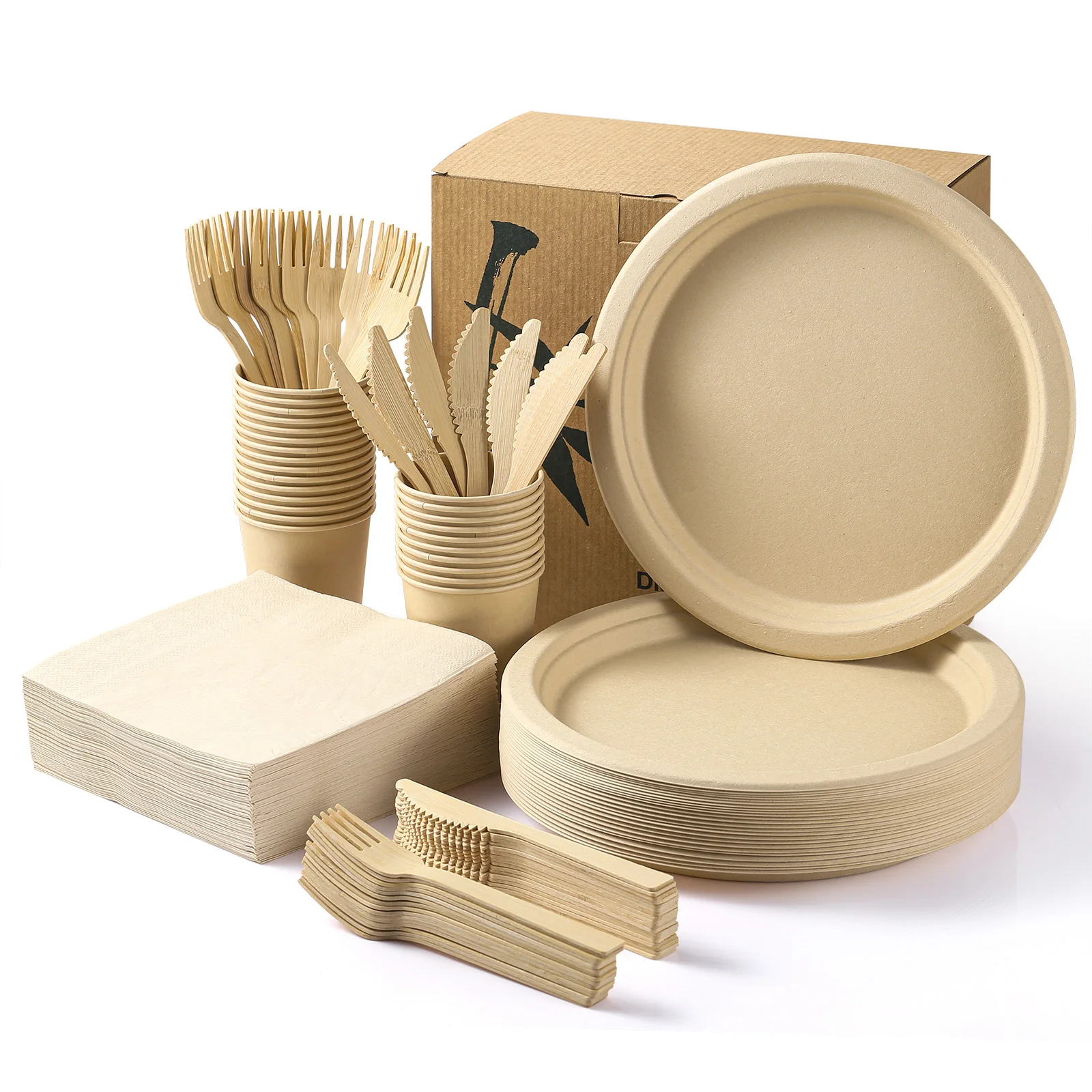 MORGIANA Disposable Tableware Set, Plastic Free Bamboo Plates and Cutlery Set, Eco Bamboo Paper Plates, Cups, Forks, Napkins for