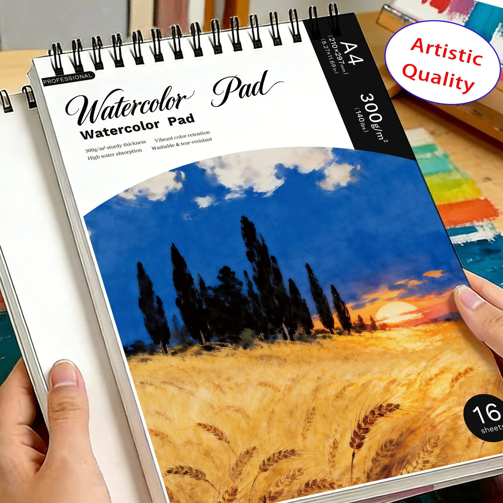 A4  Spiral Watercolor Pad 300gsm, Golden Wheat Field Sunset Cover, 16 Sheets Acid-Free Art Sketchbook for Back to School & G