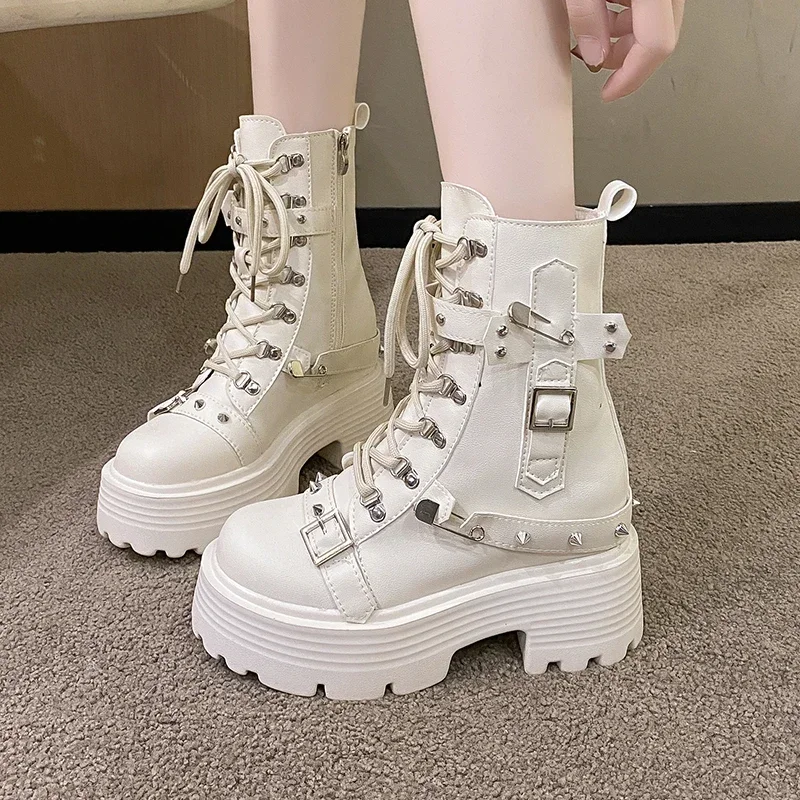 New Women Leather Punk Boots High Platform Chunky Sneakers Autumn 9CM Wedge Heels Mid-Calf Boots Woman Winter Motorcycle Boots