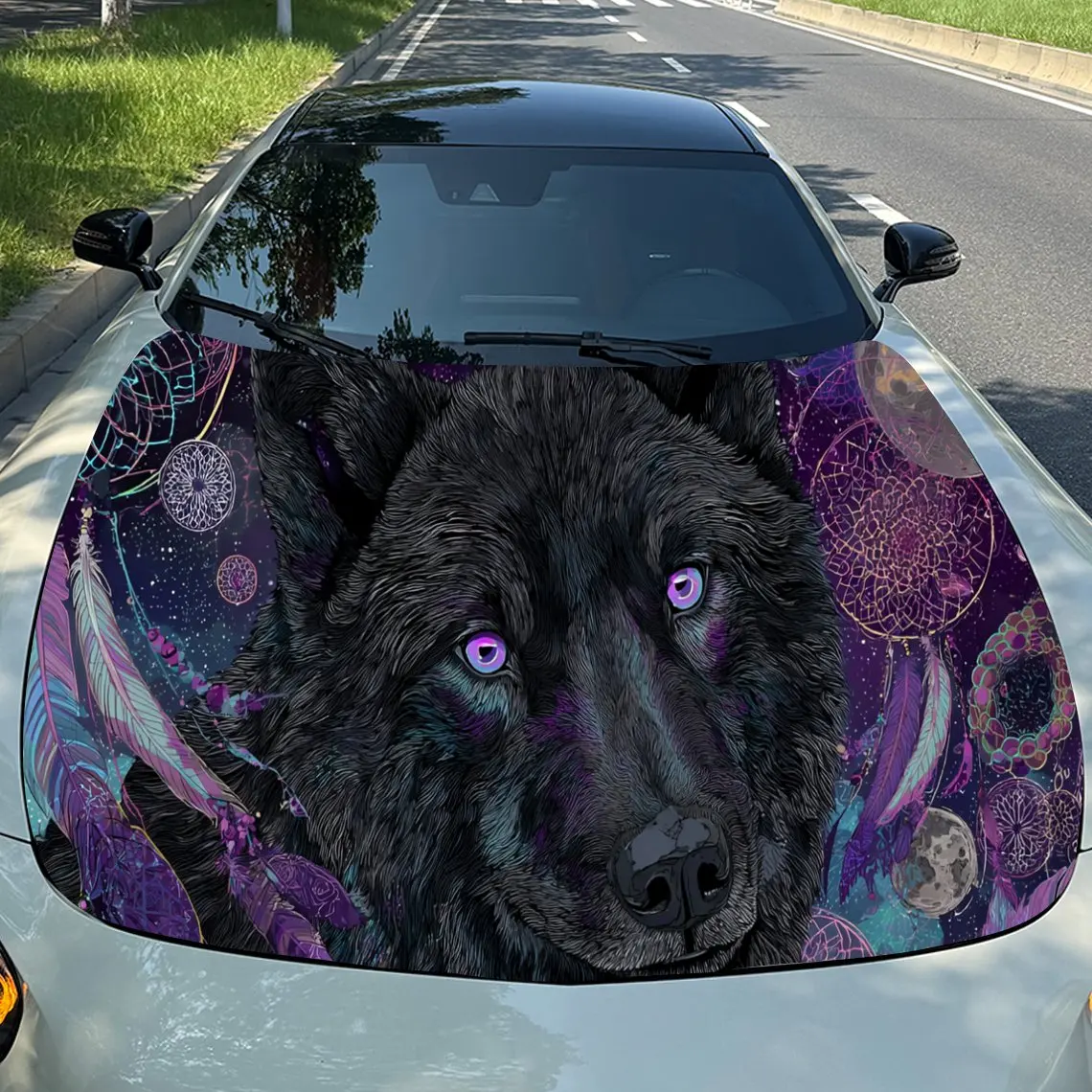 

Cosmic Black Wolf Auto Cover Sticker, Waterproof and Self-adhesive Auto Hood Decal, Auto Vinyl Wraps, Cool Car Exterior Decal, H