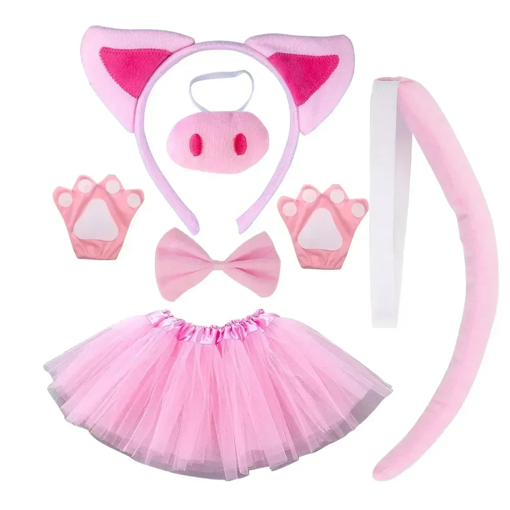 Party Kids Boy Girls Pink Pig Costume Set Mesh Skirt Tutu Plush Animal Ear Nose Headband Tail Paw Gloves Cosplay Accessories view 2