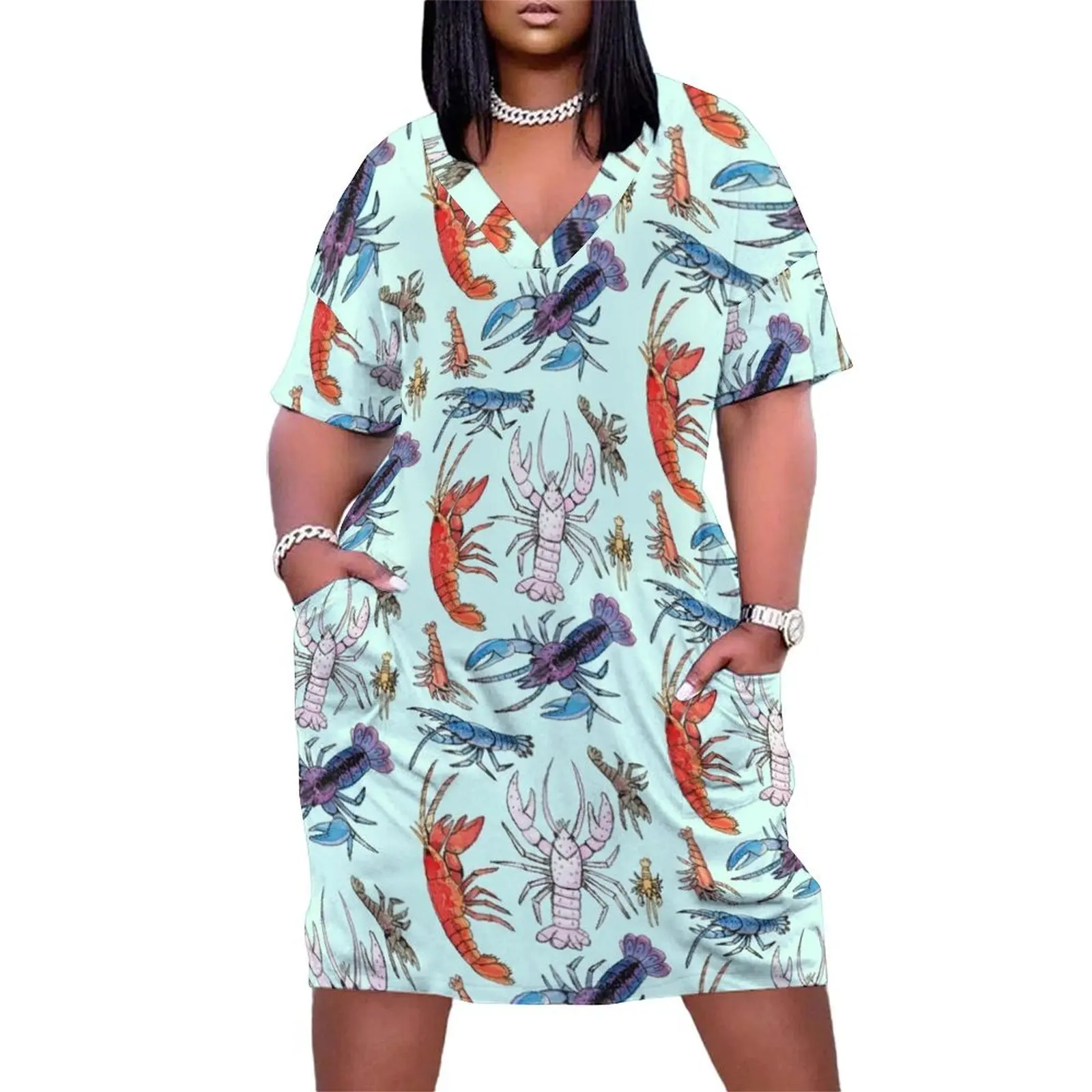 

Colorful Aquatic Crayfish Species in Watercolor Loose Pocket Dress sexy dress evening dress