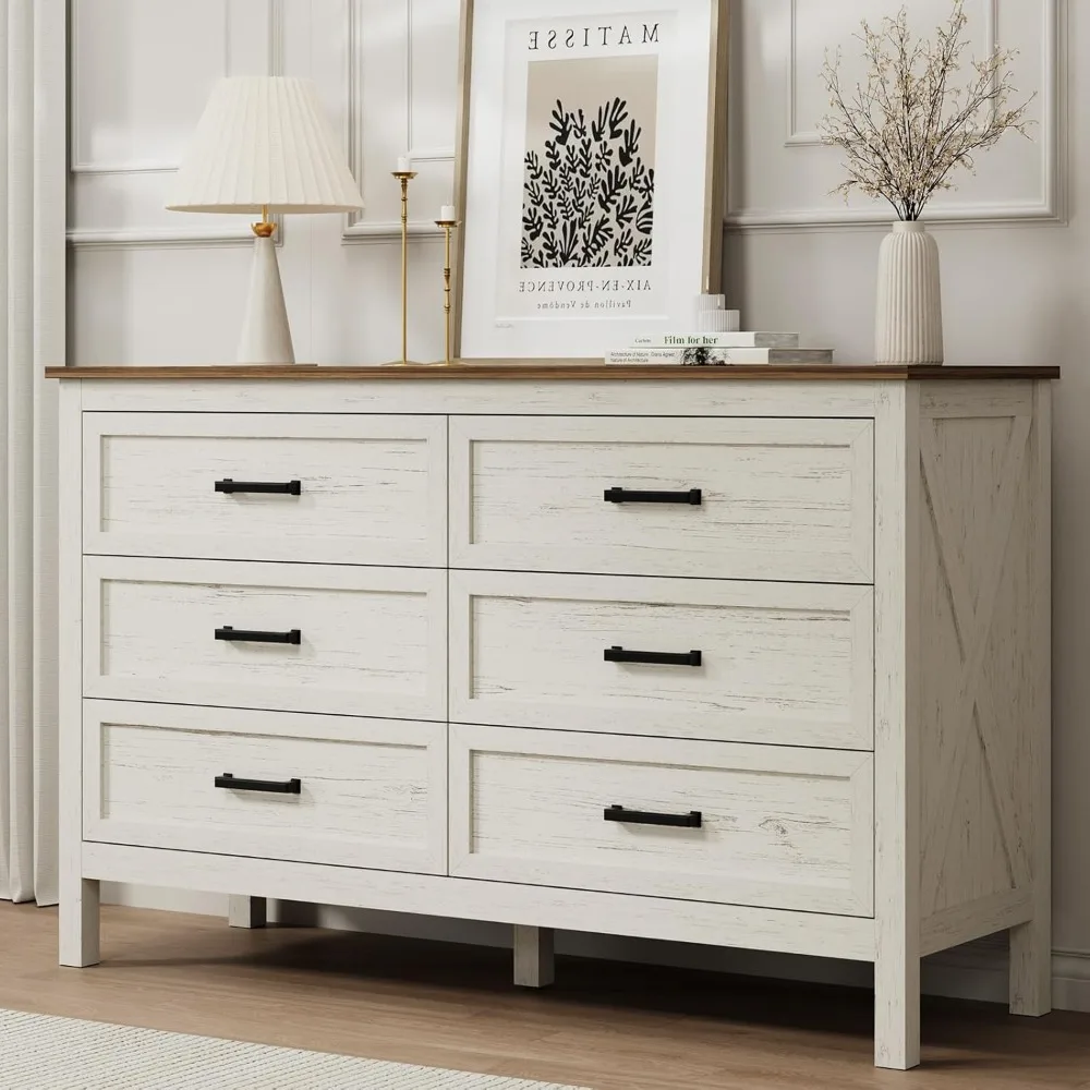 

LYNSOM Farmhouse 6 Drawers Dresser for Bedroom, Wood Rustic Wide Chest of Drawers with Deep Drawers, Metal Handle, Storage Dress
