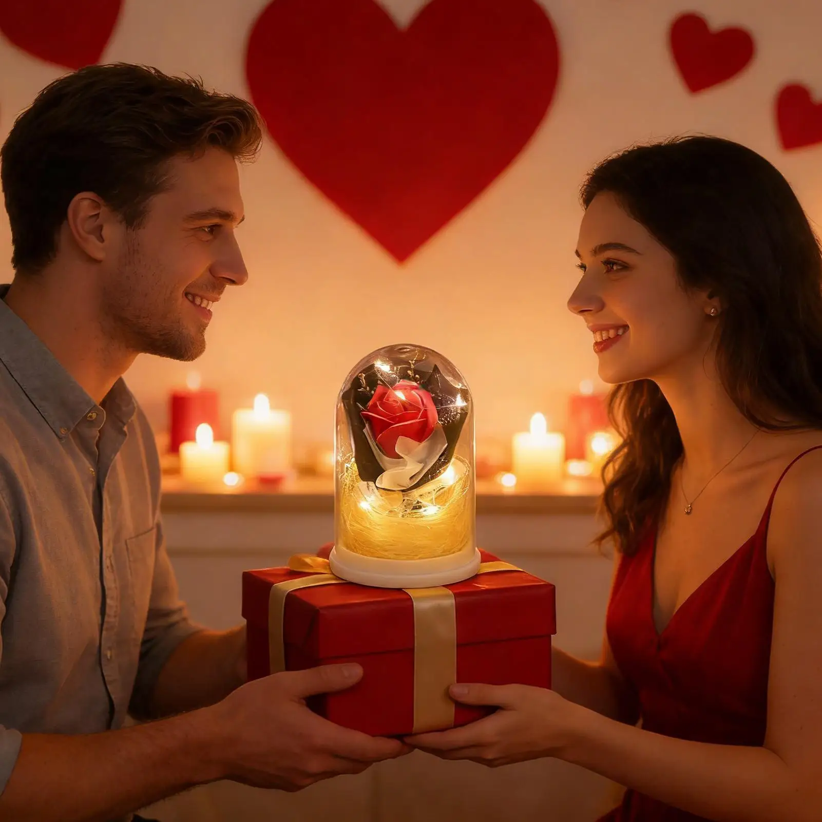 Preserved Flower Eternal Rose Bouquet in Glass Dome Infinity Flower with Light for Mom Women Grandma Wife Daughter Her Valentine