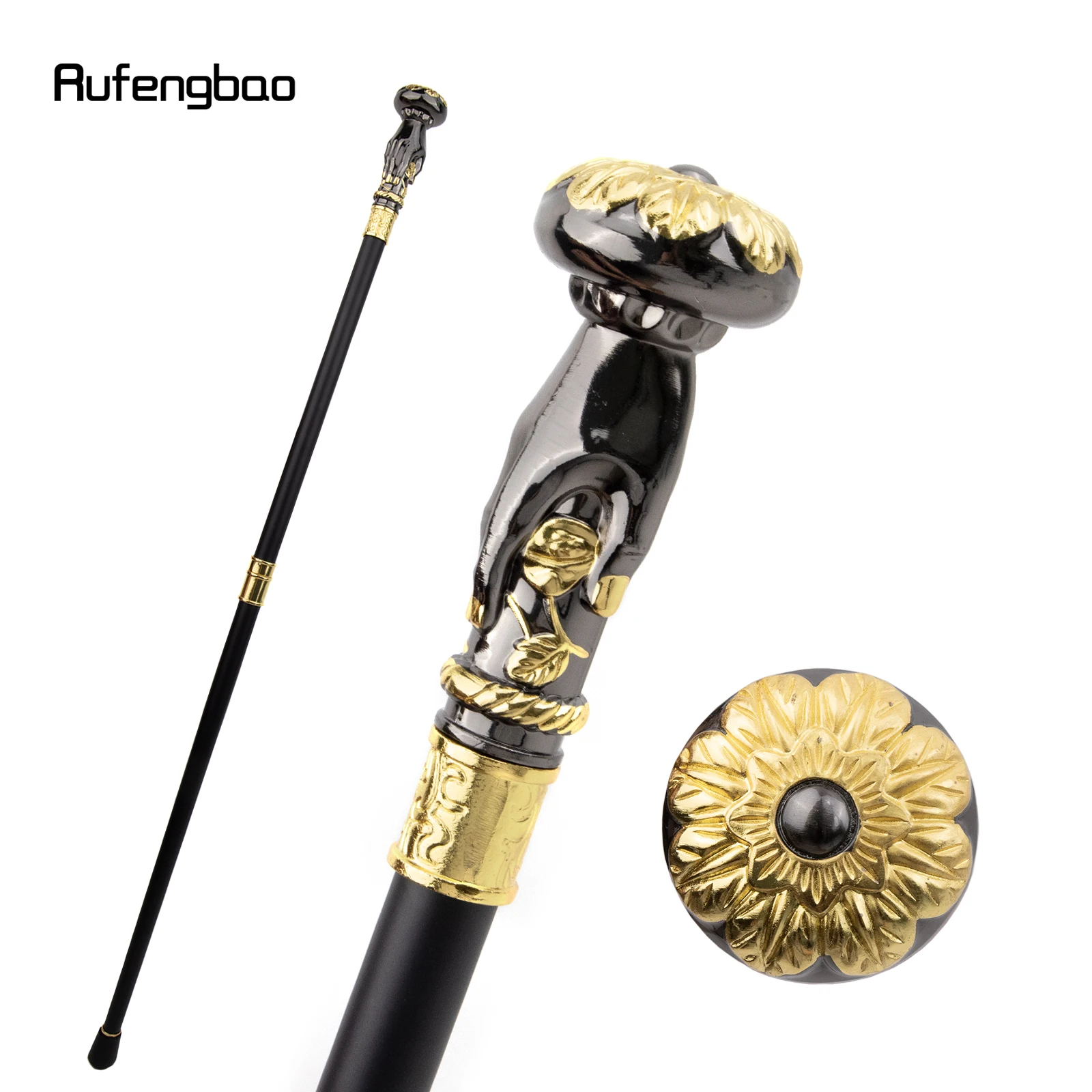 

Golden Black Hand Hold Flower Luxury Fashion Walking Stick for Party Decorative Cane Elegant Crosier Knob Walking Stick 93cm