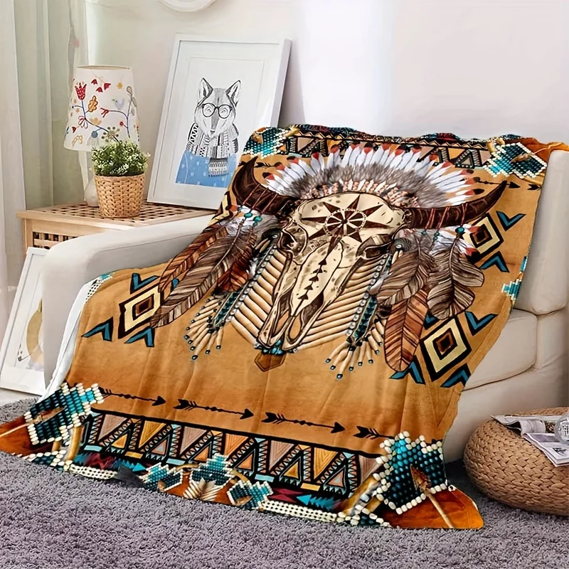 With the Buffalo head pattern Flannel printed blanket suitable for all seasons suitable for living room office sofa and travel