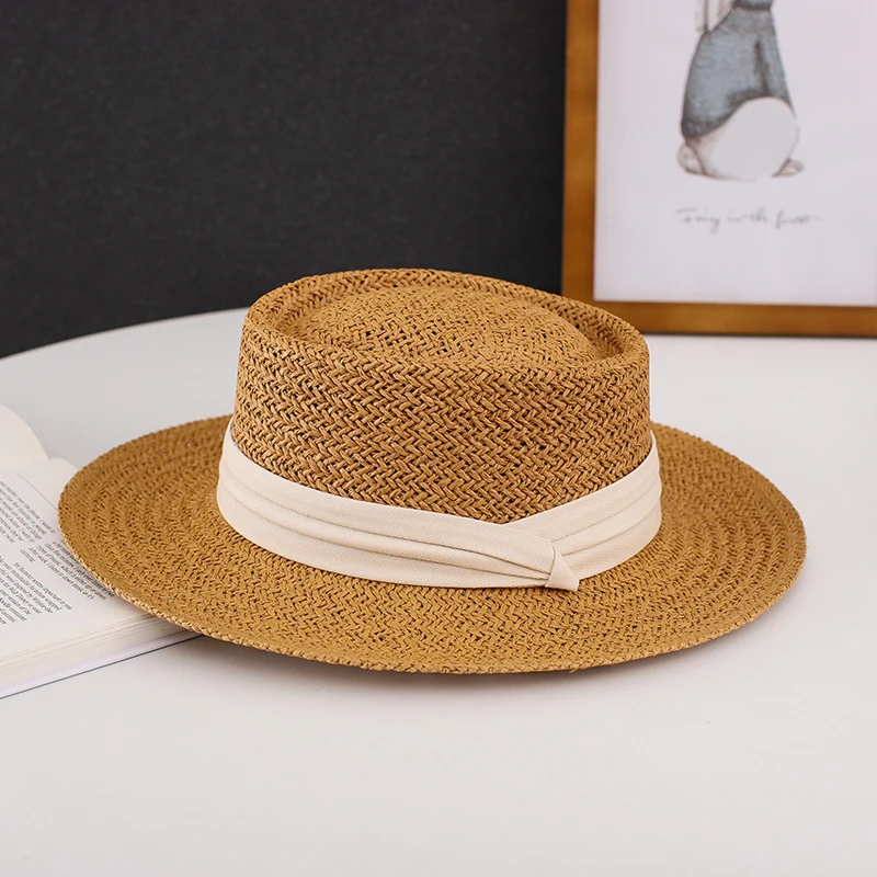 French Panama Straw Hat Ladies Sun Protection Summer Beach Sun Hat Men\'s Holiday British Retro Concave Flat Top Straw Hat Women